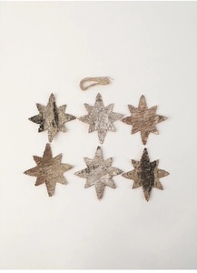Set of six natural birch bark star ornaments with rustic texture and hemp hanging rope