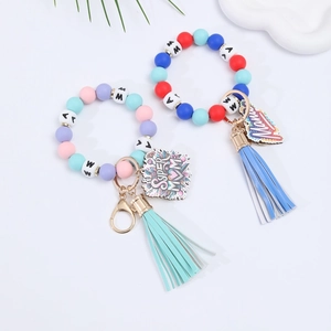 Silicone bead keychain bracelet with MAMA letter beads and long leather tassel