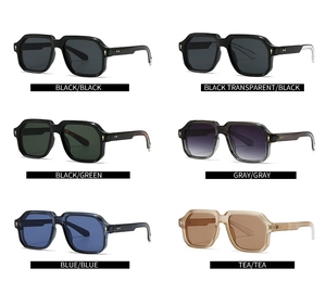 Detailed grid of retro square sunglasses in multiple colors with golden corner accents