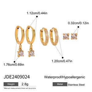 Detailed view of 3-piece gold stainless steel earring set with cubic zirconia dimensions