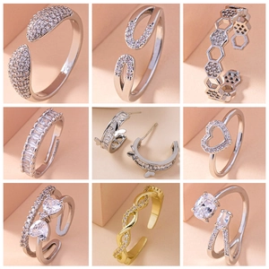 Copper Zircon Rings For Women Micro Pave Cubic Zirconia Heart Honeycomb Leaf Adjustable Open Design Fashion Jewelry Elegant