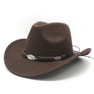 Western Cowboy Hat Felt Woolen Wide Brim Metal Leaf Feather Accessory Vintage Ethnic Style For Men Women