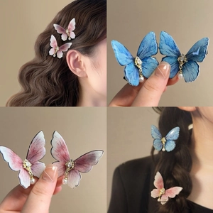 Butterfly Hair Clip Rhinestone Faux Artificial Pearl Dangle Duckbill Pin Elegant Sweet Korean Style Aesthetic Hair Accessory For Women