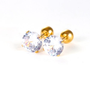 Golden stainless steel stud earrings with clear round zirconia and four-claw setting