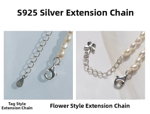 Detailed view of S925 silver extender chains for natural freshwater pearl necklaces