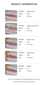 Detailed specs of rose gold butterfly and clover earrings with pink stones and zircon
