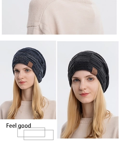 Detailed knit texture and brown leather patch on a warm winter slouchy beanie