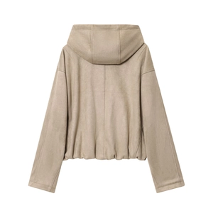 Women's hooded faux suede bomber jacket in khaki with elastic hem, back view