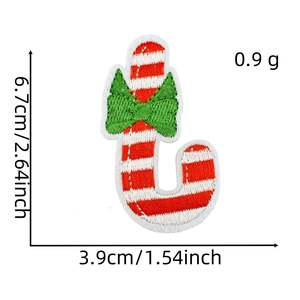 Detail view of candy cane embroidery patch with green bow and dimensions shown
