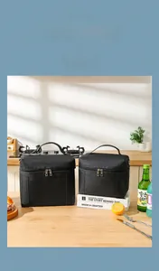 Close-up of black insulated lunch bags in two sizes with reinforced handles and zippers