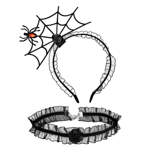 Detail of gothic spider web headband and black rose lace choker set for Halloween party