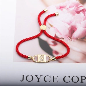 Adjustable red woven cord bracelet with gold letter C charm and micro zircon inlay