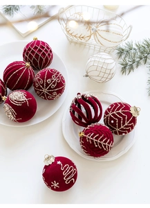Détails de boules de Noël en velours bordeaux de 8 cm avec paillettes dorées