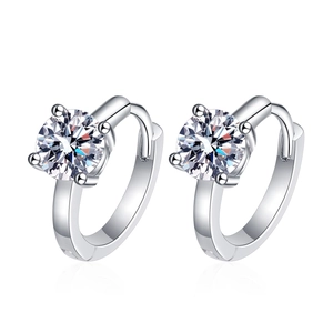Classic 925 sterling silver hoop earrings with 4-prong set moissanite stones on white background