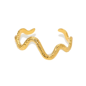 Gold plated stainless steel C-shape wavy cuff bracelet with hammered texture finish