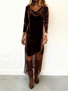 Robe midi élégante en velours marron foncé à manches longues et ourlet en dentelle chic
