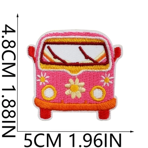 Detailed embroidery texture of pink cartoon bus iron-on patch with size measurements