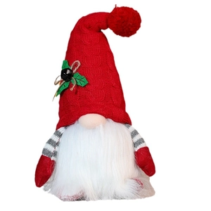 Lighted Christmas Rudolf gnome plush with red knitted hat and long white beard on white background