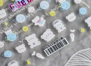 Detailed view of TS-613 space bear nail stickers with planets and crystal clear texture