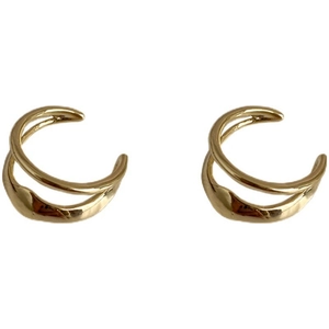 Minimalist double-layered C-shaped gold ear cuff earrings on a white background