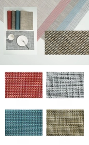 Detailed comparison of woven PVC placemats in red, linen grey, blue, and brown tones
