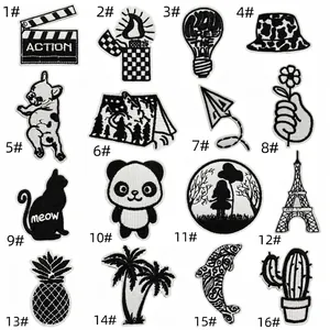 Detailed overview of 16 black and white embroidered patches featuring modern icons