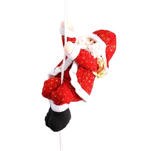 Climbing Santa Claus doll on white rope with gold star patterns for Christmas decor