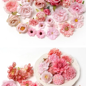 Vista macro de rosas y dalias de seda rosa para manualidades florales de boda DIY