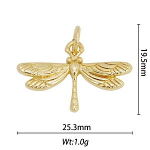 Detailed view of 18k gold plated dragonfly pendant with dimensions and wing texture