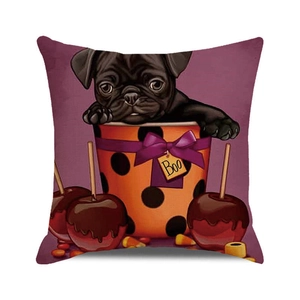 Detail of Halloween pillow case featuring a pug in a bucket with candy corn and Boo tag