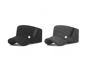 Flat top caps for men in black and grey colors with side metal buckles and webbing detail