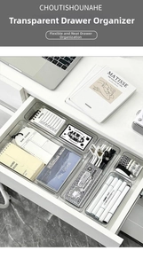Detailed top view of clear acrylic drawer organizers for stationery and office supplies