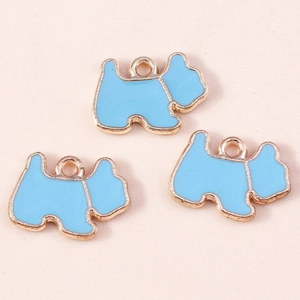 Trois adorables pendentifs chiot en émail bleu avec bords dorés pour bijoux DIY
