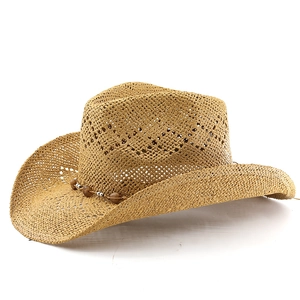 Close-up of cowboy straw hat featuring hollow-out diamond weave and beaded band
