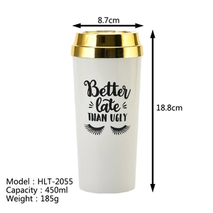Double-wall Boss Lady acrylic coffee cup with gold lid and 450ml capacity specifications