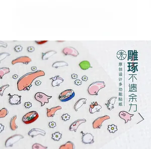 Macro detail of Japanese ultra-thin adhesive nail stickers with cute sushi and seafood patterns