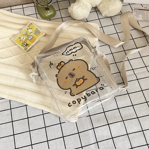 Top view of a clear Capybara crossbody bag on a grid cloth with stylish accessories