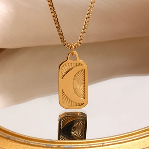 Minimalist 18K gold plated stainless steel necklace with engraved moon pendant