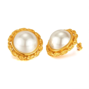 Vintage style gold plated stainless steel stud earrings with large white pearls for women