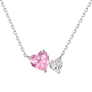 Exquisite S925 sterling silver necklace with double heart-shaped pink and clear zircons