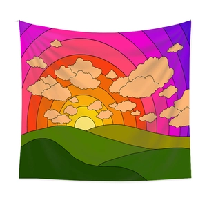 Detail of vibrant rainbow sunrise tapestry with colorful hills in cartoon art style