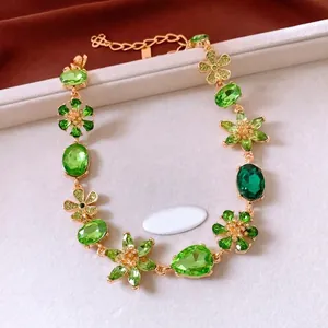 Vintage gold flower necklace with green crystals and rhinestone inlay for women