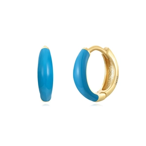 Detail of s925 silver needle hoop earrings with light blue enamel and gold finish