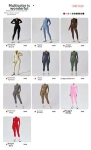 Collage of long sleeve zipper yoga jumpsuits in ten vibrant colors for athletic fitness