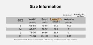 Detailed size chart for the PU leather strapless corset top including bust and waist measurements
