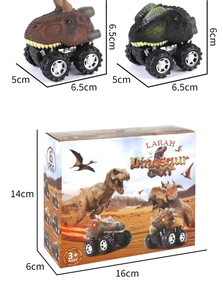Detailed size dimensions for 6-piece dinosaur friction car set and retail packaging