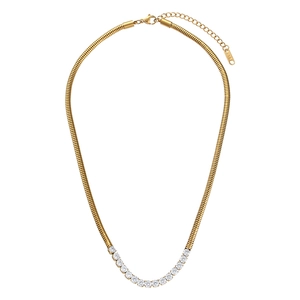 Detail of 18K gold plated snake chain necklace with clear zircon pavé stones and K18 tag