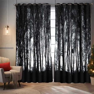 Black and white forest silhouette printed blackout curtains for living room windows