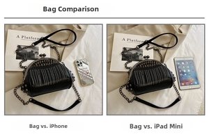 Schwarze Abendtasche mit Fransen und Nieten im Größenvergleich mit einem iPad