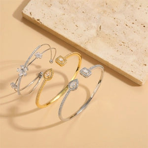 Three-piece set of geometric drop and flower zircon open bracelets in gold and silver